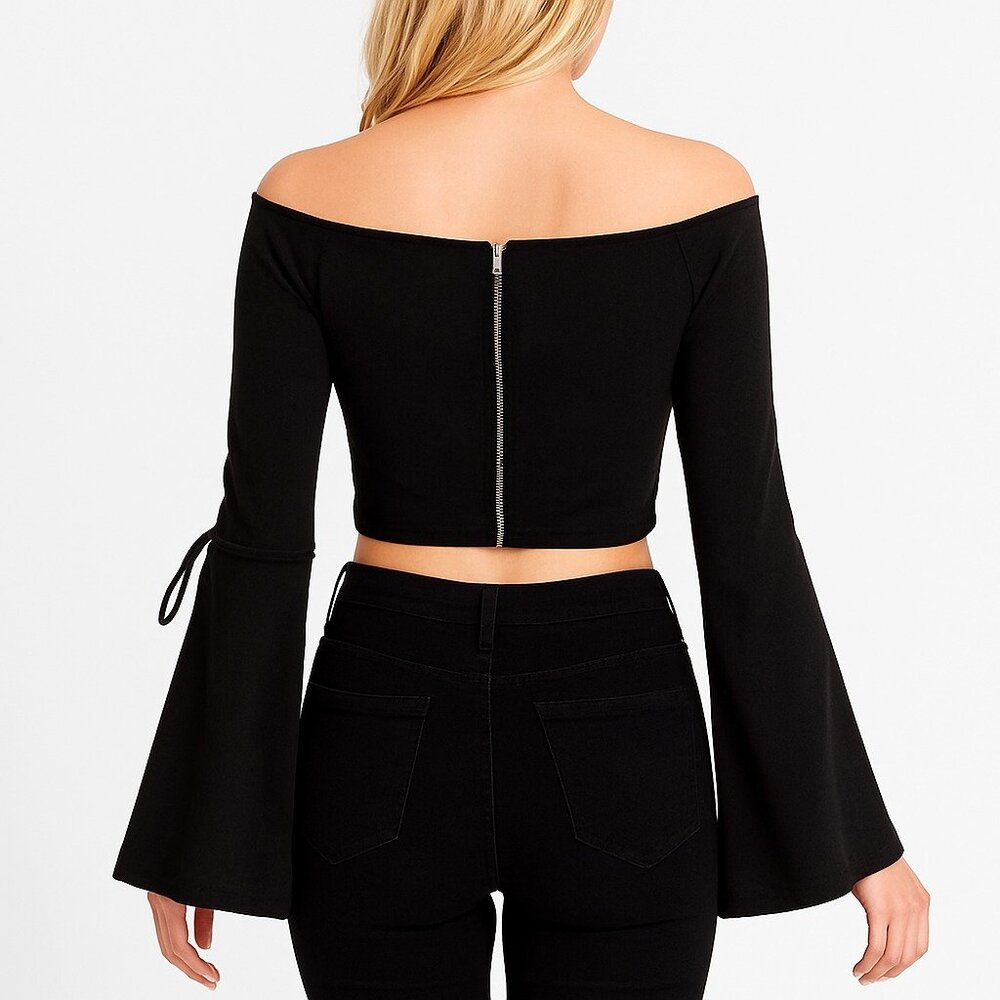 SEEK Women's Black Long Sleeve Split Sleeve Crop Top Size M - Picture 2 of 5